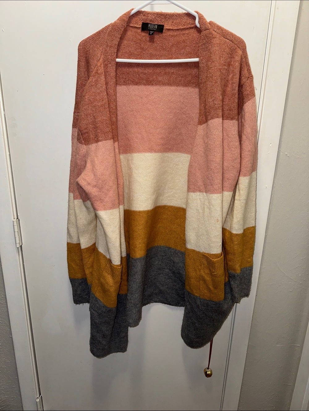 Cozy Striped Open Cardigan - Pink, Cream, Mustard & Gray(10)